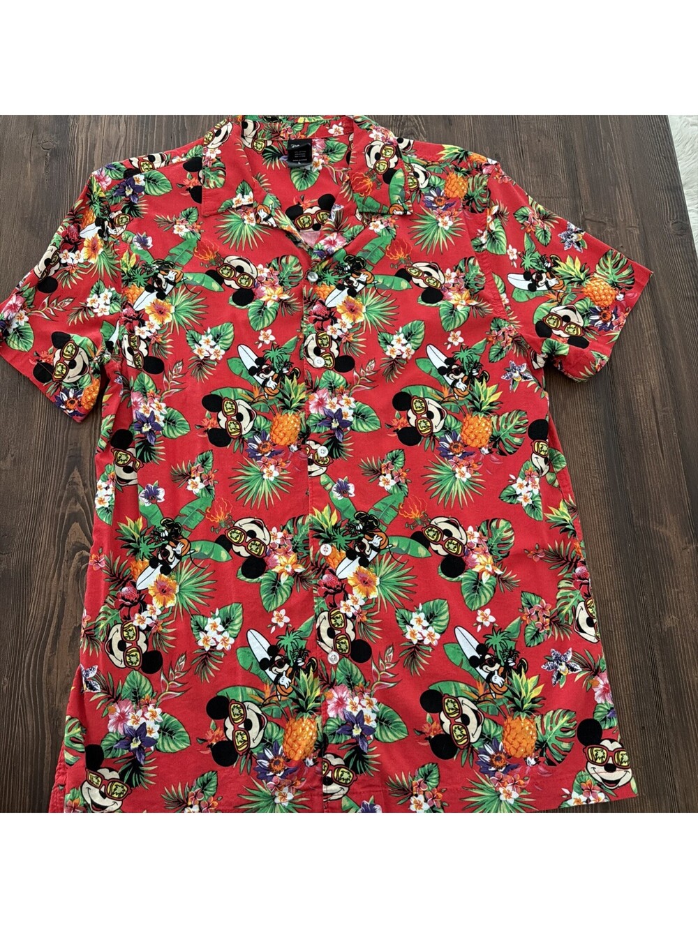 Disney Button Down Shirt Mens L Red Tropical Mickey Mouse Sunglasses Hawaiian